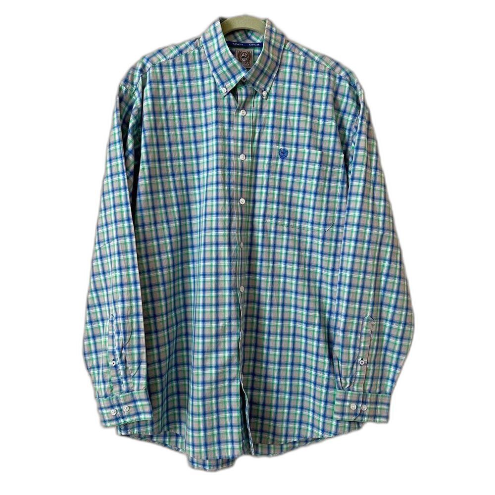 Cinch Size M Men Green Plaid Western Rodeo Ranch Preppy Button Down Dress Shirt